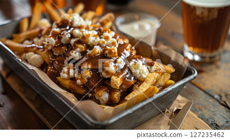 A tempting tray of Canadian poutine, loaded with crispy fries, savory brown gravy, and melty cheese curds. This delicious dish is a true Canadian comfort food classic. 127235462