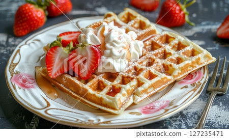 Belgian waffles, light and fluffy, drizzled with whipped cream and fresh strawberries, served on a fine china plate. 127235471