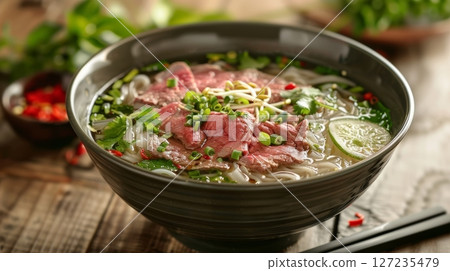 Steaming bowl of Vietnamese pho with rice noodles, thin beef slices, and fresh herbs. Steaming bowl of Vietnamese pho with rice noodles, thin beef slices, and fresh herbs. 127235479