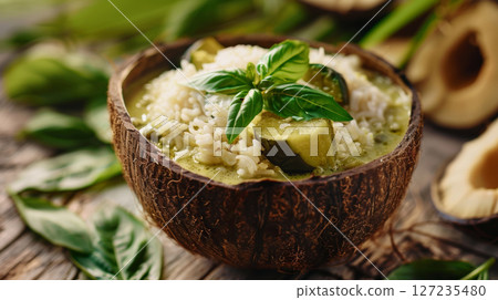 Thai green curry in a coconut shell, served with jasmine rice and fragrant basil leaves. 127235480