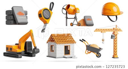 House construction site design elements 3d render icon set. Block building, excavator, crane, concrete mixer, stack of cement bags, wheelbarrow with sand, helmet and tape measure. 3D illustration House construction site design elements 3d render icon set. Block building, excavator, crane, concrete mixer, stack of cement bags, wheelbarrow with sand, helmet and tape measure. 3D illustration 127235723