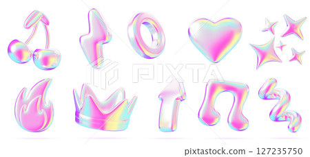 Y2k holographic 3d sticker set. Rainbow liquid abstract shape. Cherry, crown, music note, heart, fire, star, lightning, arrow, spiral line with bright neon gradient, isolated elements. 3D illustration Y2k holographic 3d sticker set. Rainbow liquid abstract shape. Cherry, crown, music note, heart, fire, star, lightning, arrow, spiral line with bright neon gradient, isolated elements. 3D illustration 127235750