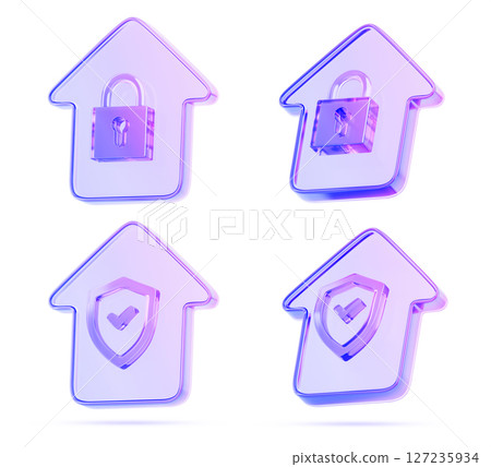 3d set of holographic glass morphism house with padlock and shield render icon. Concept of privacy protection, home access security, insurance service. Gradient lock and safety symbol. 3D illustration 127235934