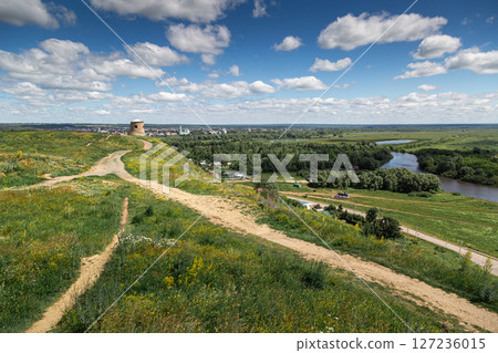 The tower of an ancient Bulgarian fortress on a high cliff on the banks of the Kama River, Elabuga, Tatarstan, Russian Federation 127236015