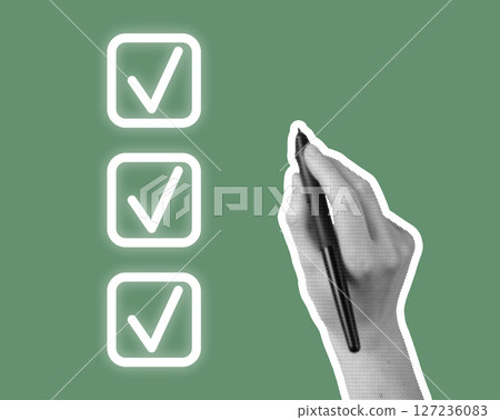 Checklist with tick marks on a document. Completing tasks in business or survey form, marking done Checklist with tick marks on a document. Completing tasks in business or survey form, marking done 127236083