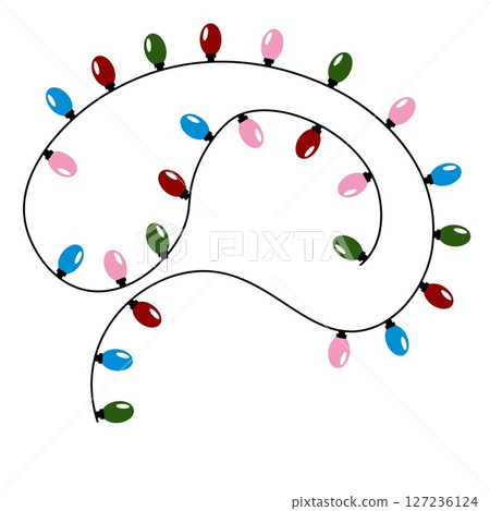 Holiday lights and garlands glowing in festive colors. Christmas decoration with bulbs in red, green 127236124