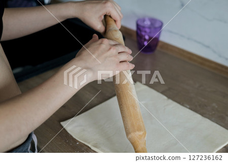 female hand holding rolling pin female hand holding rolling pin 127236162