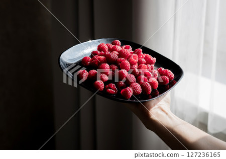 woman holds plate with fresh raspberries woman holds plate with fresh raspberries 127236165