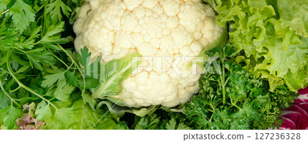 Beautiful bright natural background. Leaves of different sizes and colors close-up. Greens for making salad, detox. assortment of fresh, green leafy vegetables Beautiful bright natural background. Leaves of different sizes and colors close-up. Greens for making salad, detox. assortment of fresh, green leafy vegetables 127236328