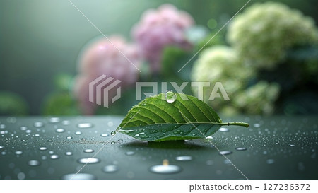 繡球花葉子和水滴的特寫 繡球花葉子和水滴的特寫 127236372