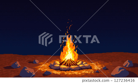 Pixel Art Night Campfire in Desert Landscape Pixel Art Night Campfire in Desert Landscape 127236416