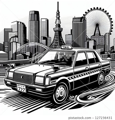 東京鐵塔和出租車！復古現代風格的城市景觀插畫 127236431