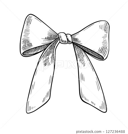 Vector drawing of classic Bow with long tails in monochrome etching linear style. Outline drawing of Ribbon for vintage packaging, greeting cards cards, or wedding invitations painted by black inks. Vector drawing of classic Bow with long tails in monochrome etching linear style. Outline drawing of Ribbon for vintage packaging, greeting cards cards, or wedding invitations painted by black inks. 127236488