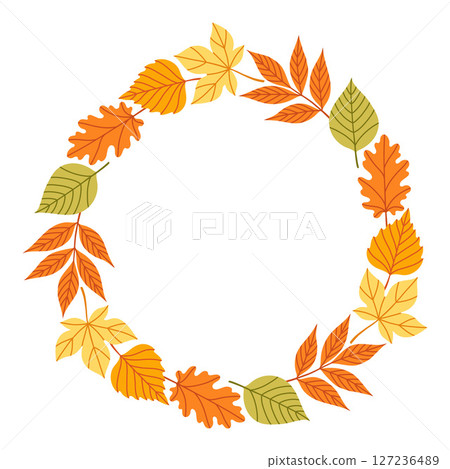 Autumn leaves circle frame. Round border made of fall leaves in orange, yellow, and green. The leaves have different shapes and are arranged in a circle. Vector flat isolated on white background. 127236489