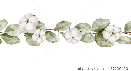 Watercolor seamless border with white Cotton Flowers and Eucalyptus leaves. Drawing of botanical Pattern for greeting cards or wedding invitations. Illustration of frame with leaves in soft colors. 127236490