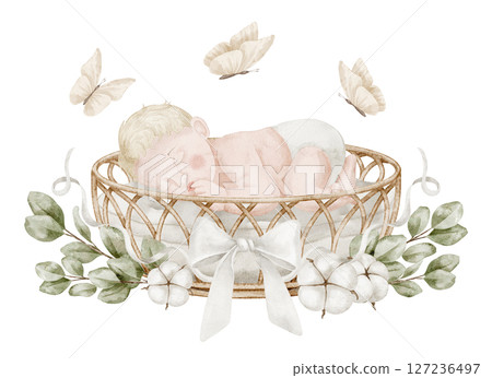 Sleeping Baby in a wicker basket surrounded by eucalyptus branches, cotton flowers, ribbons, and butterflies. Watercolor illustration of cute Infant for nursery and baby shower invitations. Sleeping Baby in a wicker basket surrounded by eucalyptus branches, cotton flowers, ribbons, and butterflies. Watercolor illustration of cute Infant for nursery and baby shower invitations. 127236497