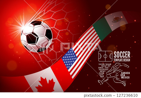 Vector illustration of an international soccer tournament theme with a close-up soccer ball on a stadium background. Includes waving flags of Canada, the United States, and Mexico Vector illustration of an international soccer tournament theme with a close-up soccer ball on a stadium background. Includes waving flags of Canada, the United States, and Mexico 127236610