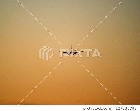An airplane flying through the crimson sky 127236795