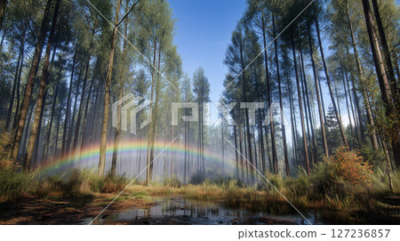Landscape with a Rainbow / Rainbow and morning mist in the forest after the rain 127236857
