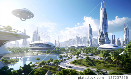 AI-generated images of ideal future cities and smart cities with skyscrapers, flying cars, clean energy, etc. 127237256