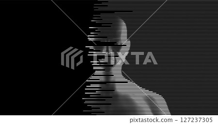 A digital portrait of a person created using horizontal lines of varying thickness to form the contours and features of the face, giving a sense of depth and volume. Vector illustration 127237305