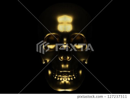 A golden skull made up of many tiny dots on a dark background. The pointillism technique creates a three-dimensional effect with intricate details and metallic shine. vector illustration 127237311