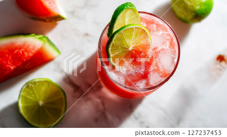 Watermelon mocktail with crushed ice and fresh lime slices on marble surface, refreshing pink summer drink with juicy fruit slices, perfect for hot days and tropical feel, vibrant refreshment Watermelon mocktail with crushed ice and fresh lime slices on marble surface, refreshing pink summer drink with juicy fruit slices, perfect for hot days and tropical feel, vibrant refreshment 127237453