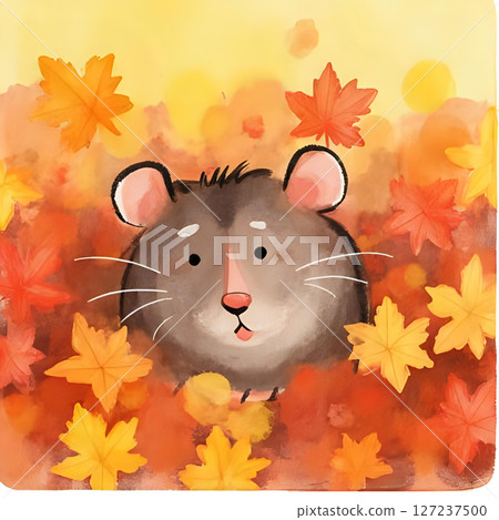 Autumn animals and a squirrel holding a ginkgo leaf 127237500