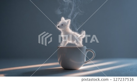Surreal Smoky Dog Shape Emerging from Coffee Cup in Soft Light Setting 127237516