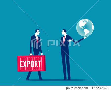 Development. Export businessman opens to the world market with a container shaped bag Development. Export businessman opens to the world market with a container shaped bag 127237628