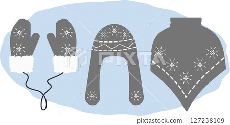 Mittens on rope Ushanka Hat Warm poncho Winter clothes with snowflakes ornament on abstract spot Set 127238109