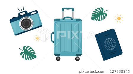 Travel set with suitcase, camera and passport on white background. 127238545