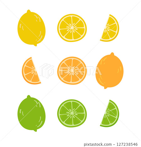 Whole and sliced citrus fruits including lemon, orange, and lime in flat colorful style Whole and sliced citrus fruits including lemon, orange, and lime in flat colorful style 127238546