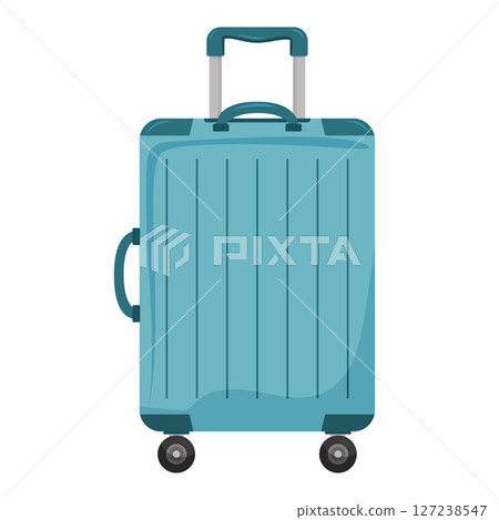 Blue travel suitcase with wheels and handle on white background in flat style. 127238547