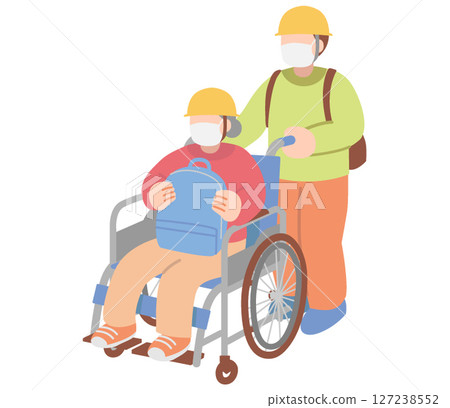 A man evacuating and a senior woman sitting in a wheelchair 127238552