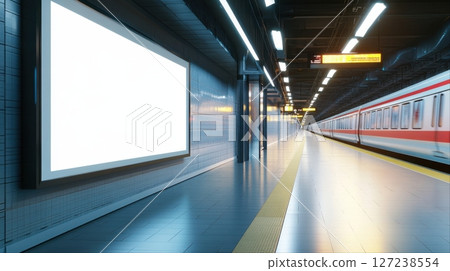 Blank vertical billboards in subway stations with modern trains and illuminated surroundings Blank vertical billboards in subway stations with modern trains and illuminated surroundings 127238554
