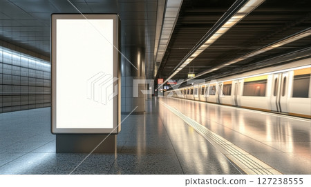 Blank vertical billboards in subway stations with modern trains and illuminated surroundings 127238555