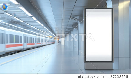 Blank vertical billboards in subway stations with modern trains and illuminated surroundings 127238556