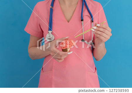 Female doctor is pointing pen anatomical model human brain. Help and care concept 127238593