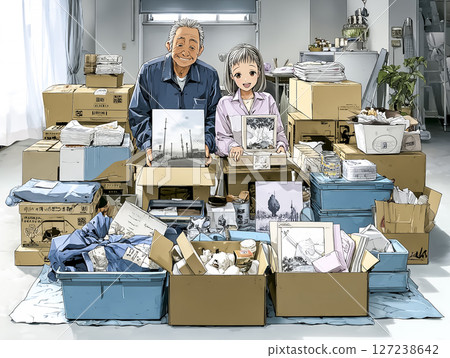 Illustration material of a senior couple preparing for disasters 127238642
