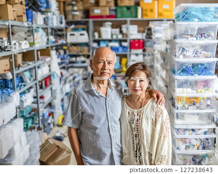 Image material of a senior couple preparing for disasters 127238643