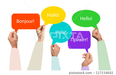 Hello speech bubble with multilingual greetings. Word HI in English, Spanish, French, Chinese, Hello speech bubble with multilingual greetings. Word HI in English, Spanish, French, Chinese, 127238682
