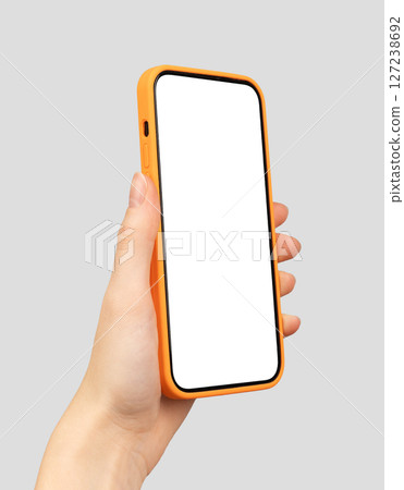 Smartphone in hand, showing screen. Modern mobile device, business app, and communication tool. Smartphone in hand, showing screen. Modern mobile device, business app, and communication tool. 127238692