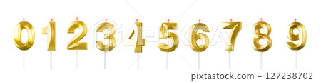 Candle set for anniversary celebration. Golden wax candles with numbers 0, 1 to 9, perfect for Candle set for anniversary celebration. Golden wax candles with numbers 0, 1 to 9, perfect for 127238702