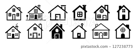 Twelve Simple House Icons Black and White Home Illustrations for Websites and Designs 127238773