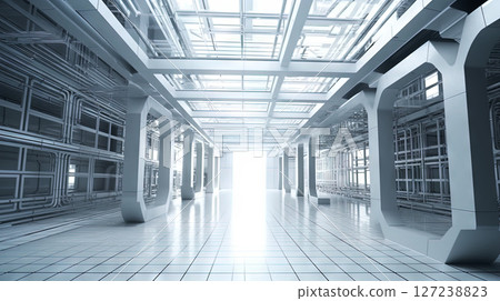 Interior of white industrial hangar or warehouse. Modern architecture industrial room. Generated AI. 127238823