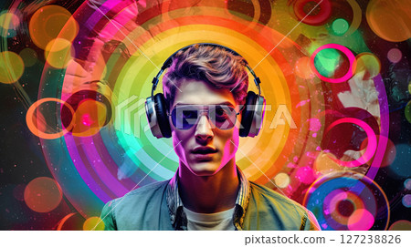 Boy or young man wearing headphones and listening to the exciting music. Juicy color splashes around. Generated AI. 127238826