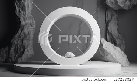 Abstract ancient pedestal in minimalistic room. Interior with sone podium. Generated AI. 127238827