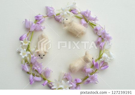Pink and white scilla flower wreath and felt puppy 127239191