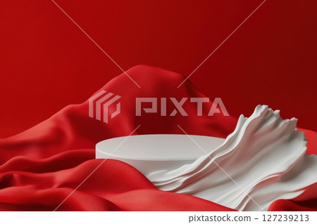Red silk fabric and white circle cylinder podium. Display scene. Product space. Drapery. Show mockup presentation. Abstract background. Textile pattern. Cloth cover pedestal satin. Creases and shadows Red silk fabric and white circle cylinder podium. Display scene. Product space. Drapery. Show mockup presentation. Abstract background. Textile pattern. Cloth cover pedestal satin. Creases and shadows 127239213